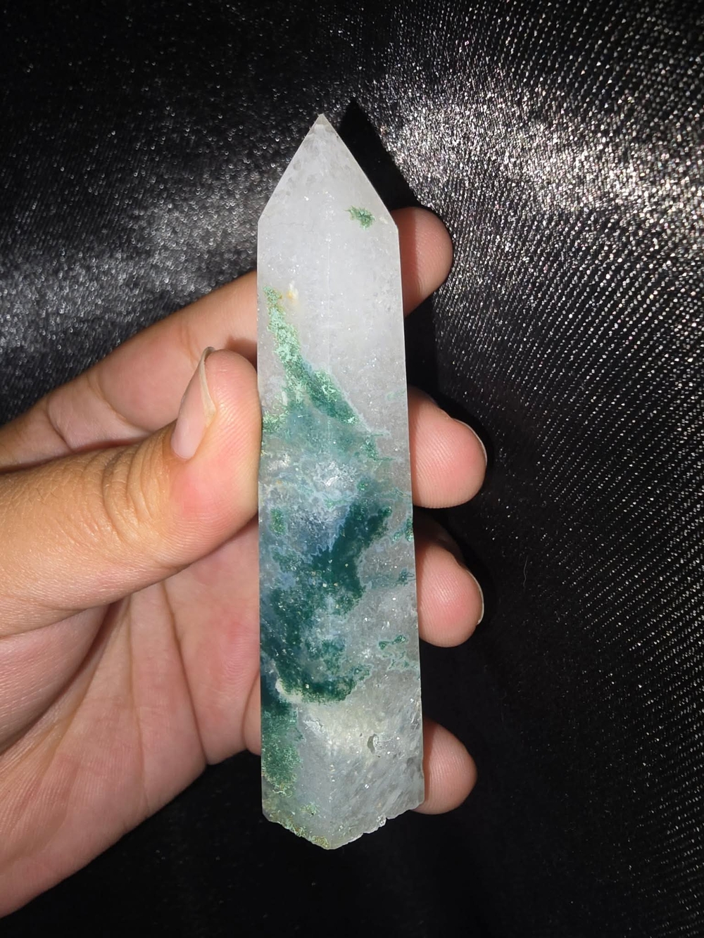 Natural Moss Agate Crystal Tower – Polished Quartz Point Obelisk with Deep Green